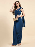 Thumbnail for Blue Polyester Solid Ready to Wear Saree with stitched Blouse - Nita - Distacart