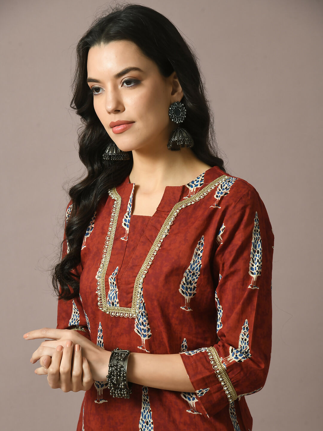Myshka Women's Rust Printed Cotton Straight Party Kurta Set - Distacart