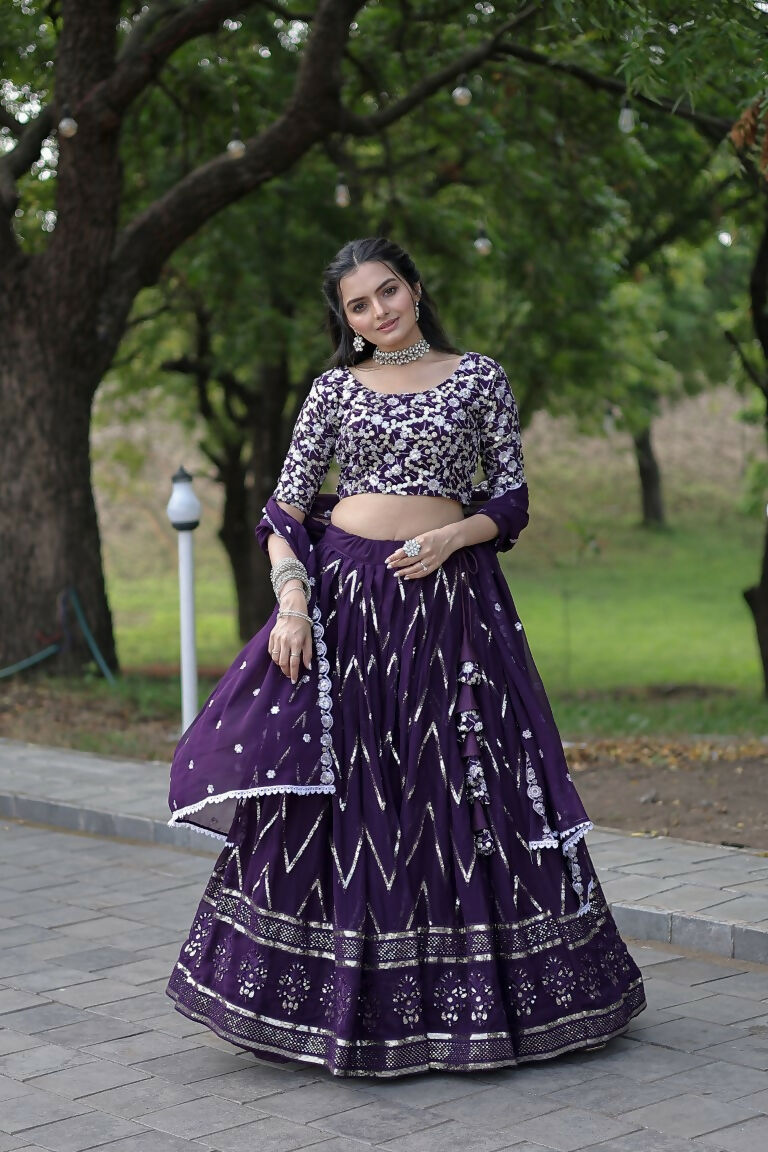 Vastranavya Faux Blooming With Sequins And Thread Embroidered Work Lehenga Choli With Dupatta - Purple - Distacart