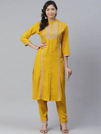 Thumbnail for Anubhutee Mustard Yellow & Blue Embroidered Kurta with Trousers - Distacart