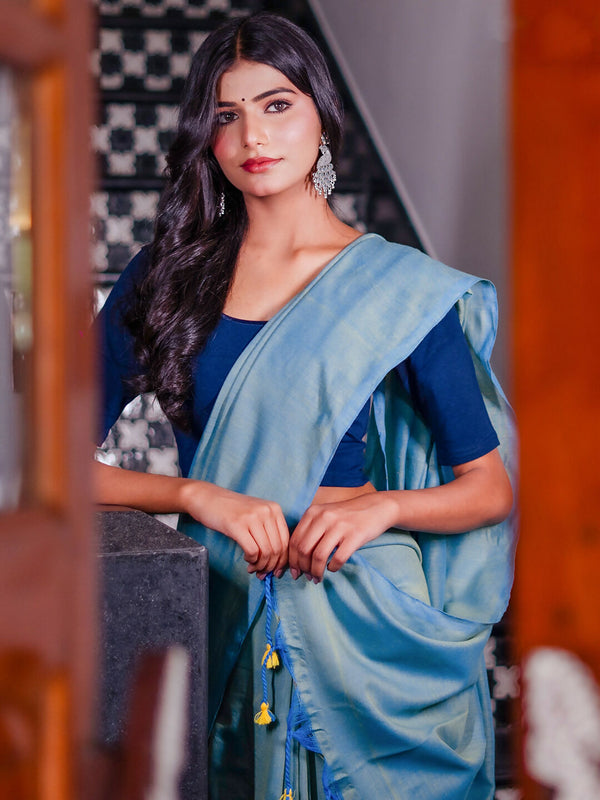 Zibaa Hand-Dyed Mul Cotton Teal Blue Saree with Tassels