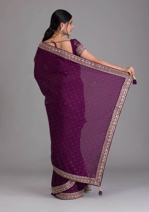 Teeya Creation Wine Color Chinon Silk Saree - Distacart