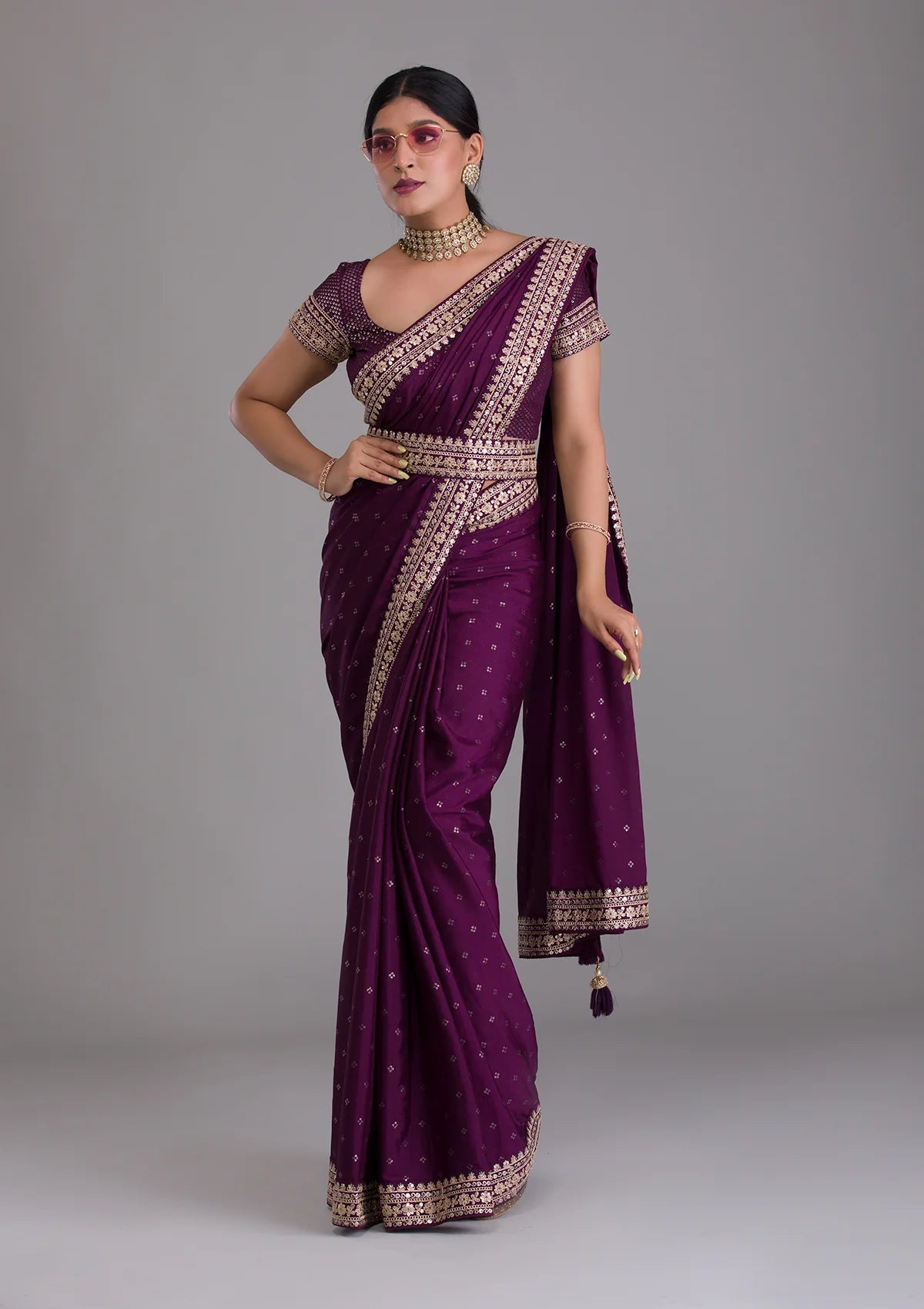 Teeya Creation Wine Color Chinon Silk Saree - Distacart