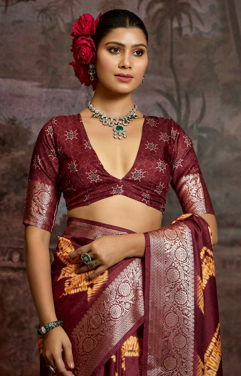 Joban Fashion Maroon Art Silk With Fine Viscose Border Ajrak Full Body Print With Soft Finish Saree