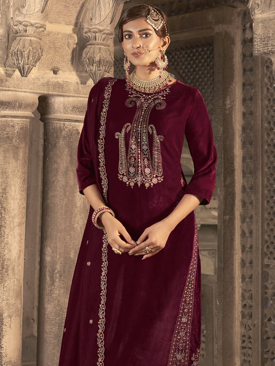 Aastha Fashion Women's Maroon Velvet Floral Resham Thread with Jari work Kurta with Trouser & Dupatta - Distacart