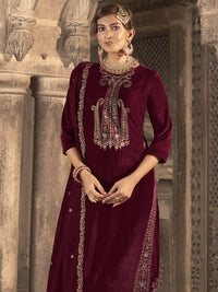Thumbnail for Aastha Fashion Women's Maroon Velvet Floral Resham Thread with Jari work Kurta with Trouser & Dupatta - Distacart