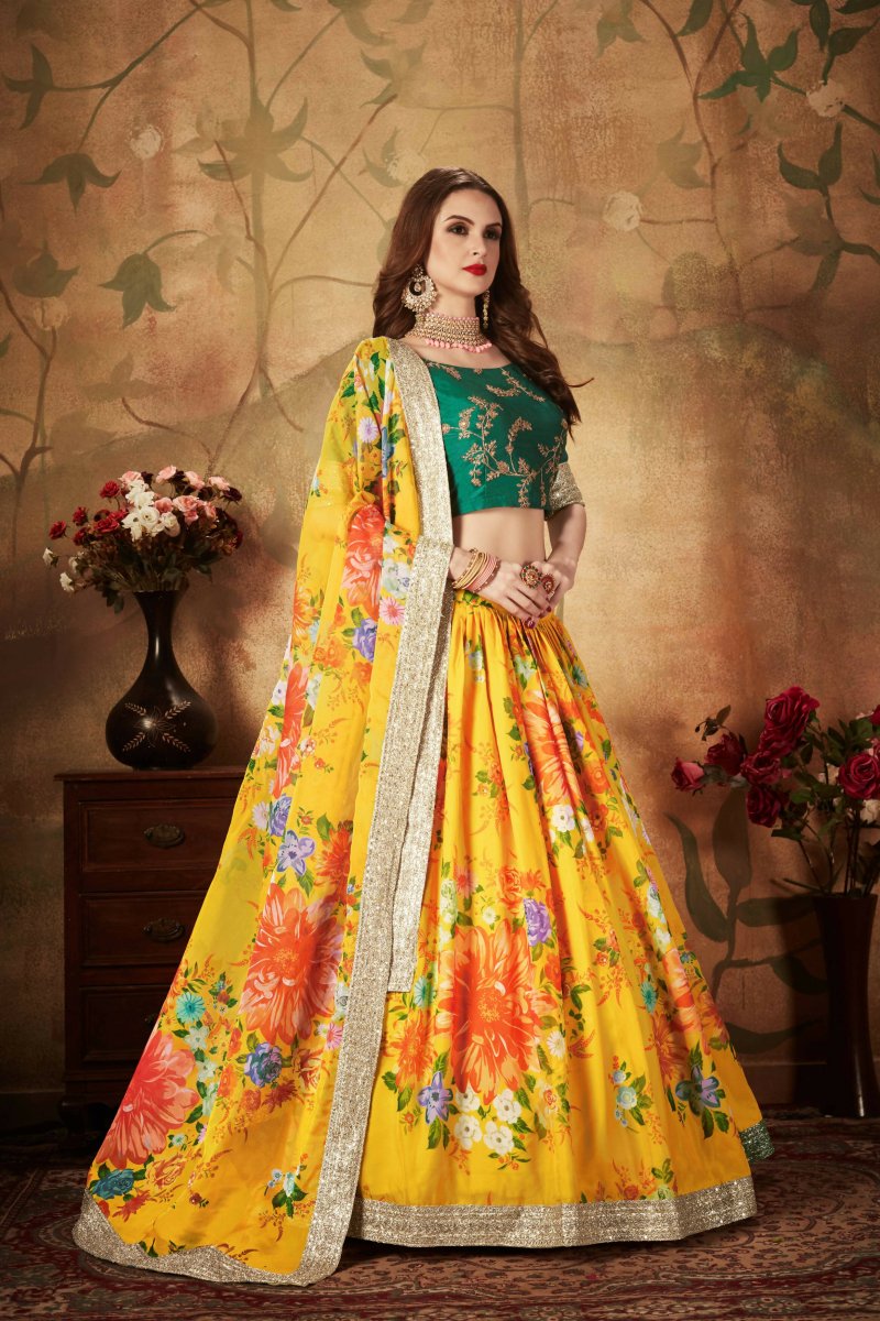 Aastha Fashion Women's Yellow-Green Floral Digital Printed Organza Bridal Lehenga Choli - Distacart