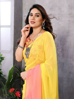 Thumbnail for Partywear Designer Yellow & Pink Georgette Fancy Saree - Satrangi - Distacart