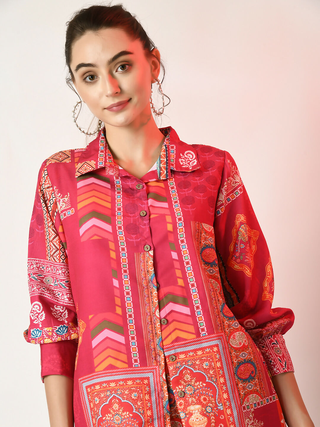 Myshka Women's Pink Printed Shirt With Trousers - Distacart