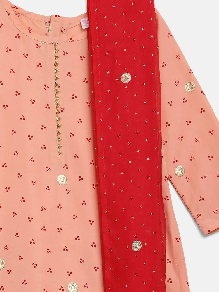 Ahalyaa Peach Crepe Gold Printed Kids Kurta Sets With Dupatta For Girls - Distacart