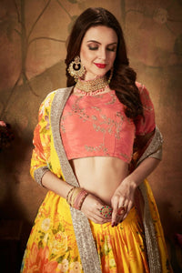 Thumbnail for Aastha Fashion Women's Yellow Digital Printed Organza Silk Wedding Lehenga Choli With Orange Blouse - Distacart