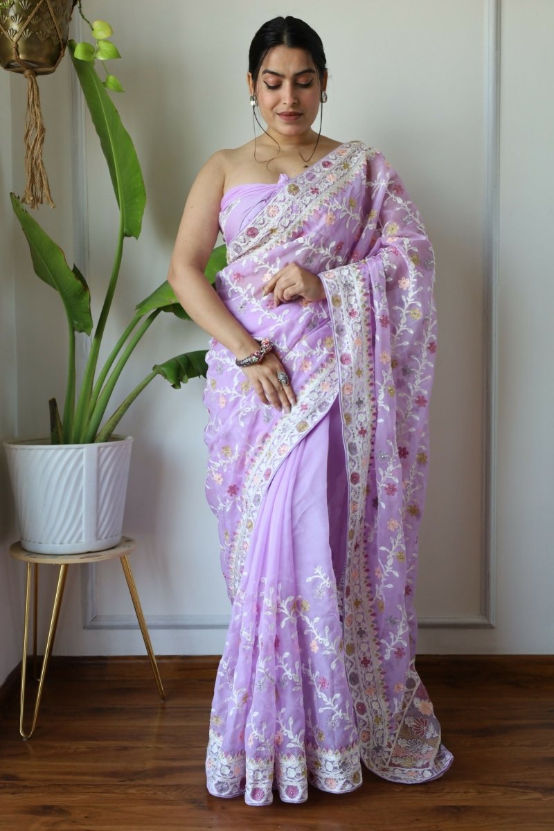 Aastha Fashion Lavender Heavy Soft Organza Beautiful multicolor thread chain embroidery work with diamond work Saree