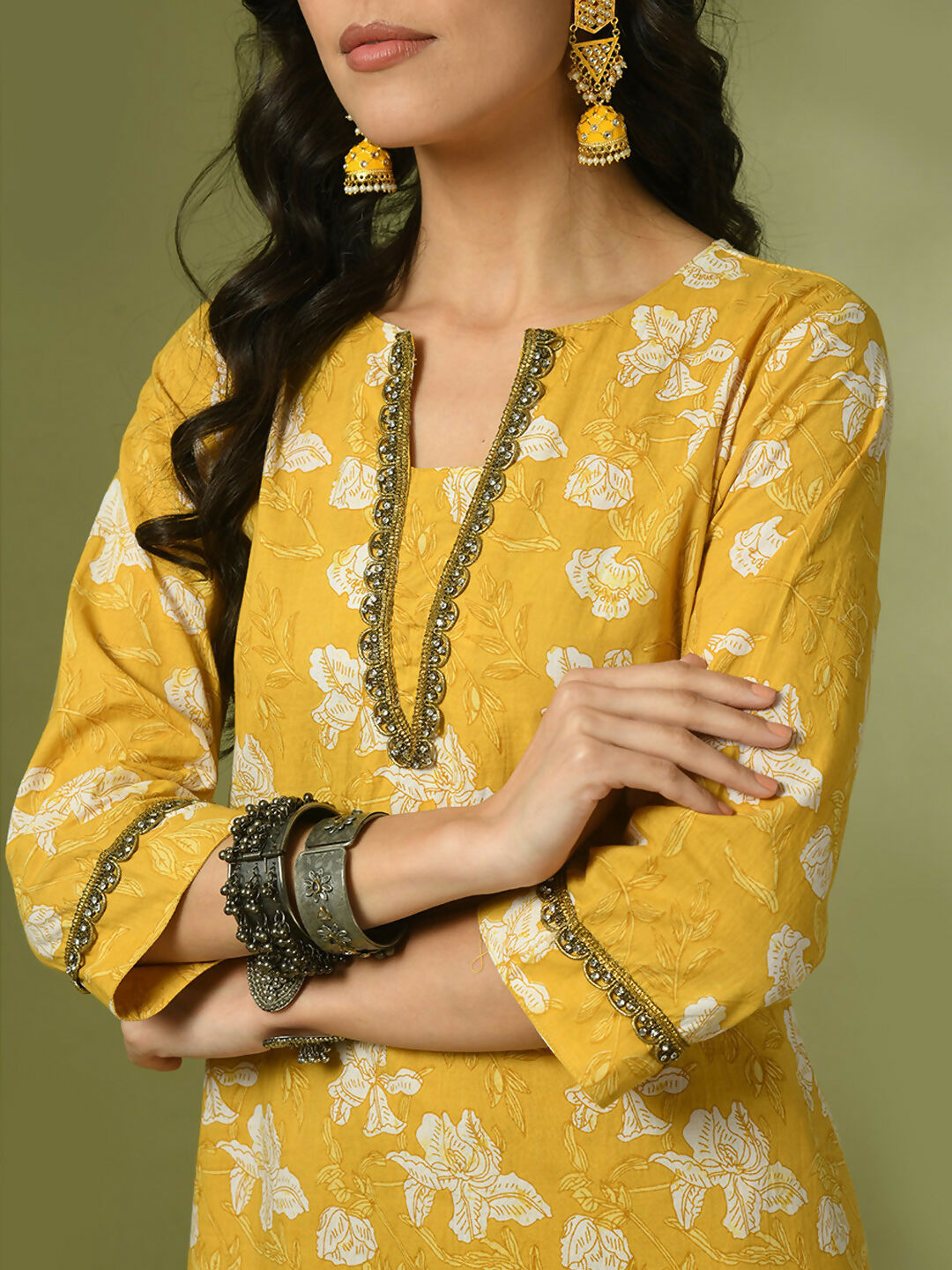 Myshka Women's Yellow Printed Cotton Straight Party Kurta Set With Dupatta - Distacart