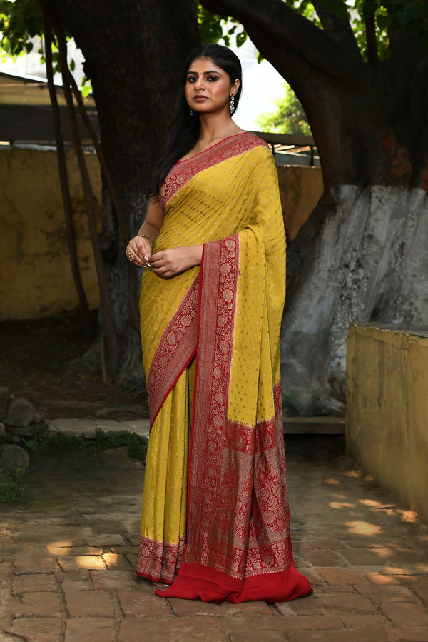 Joban Fashion Yellow Crepe Chiffon Pure Handloom Banarasi Silk Saree