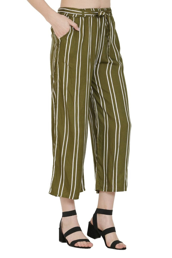 Asmaani Olive Green Color Rayon Fabric Stripped Palazzo