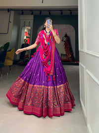 Thumbnail for Vastranavya Stunning Look Tussar Silk Printed With Foil Work Indian Lehenga Choli - Purple