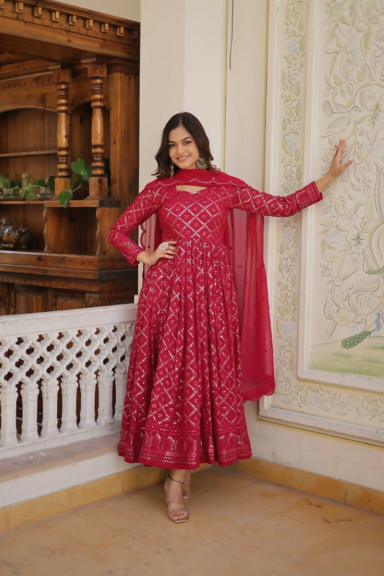 Aastha Fashion Women's Rani Pink Faux Georgette Sequins Embroidered Anarkali Dress with Dupatta - Distacart