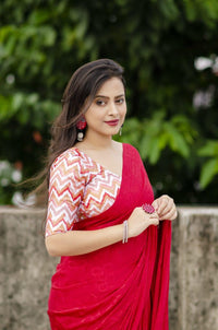 Thumbnail for Red Silk Blend Ethnic Motifs Saree with Unstitched Blouse - A2M