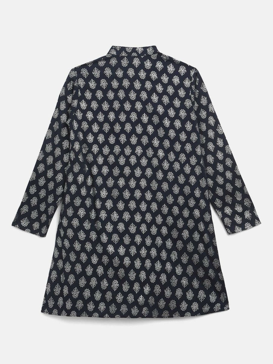 Ahalyaa Navy Blue Poly Rayon Silver Foil Print Kids Kurta Churidar Set For Boys - Distacart