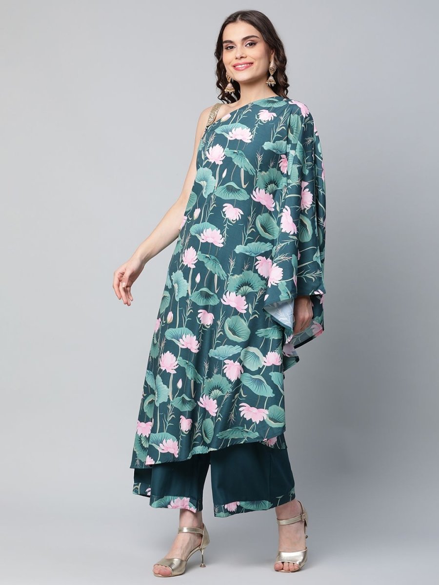 Ahalyaa Women Green Crepe Floral Printed Kurta with Palazzo Set - Distacart