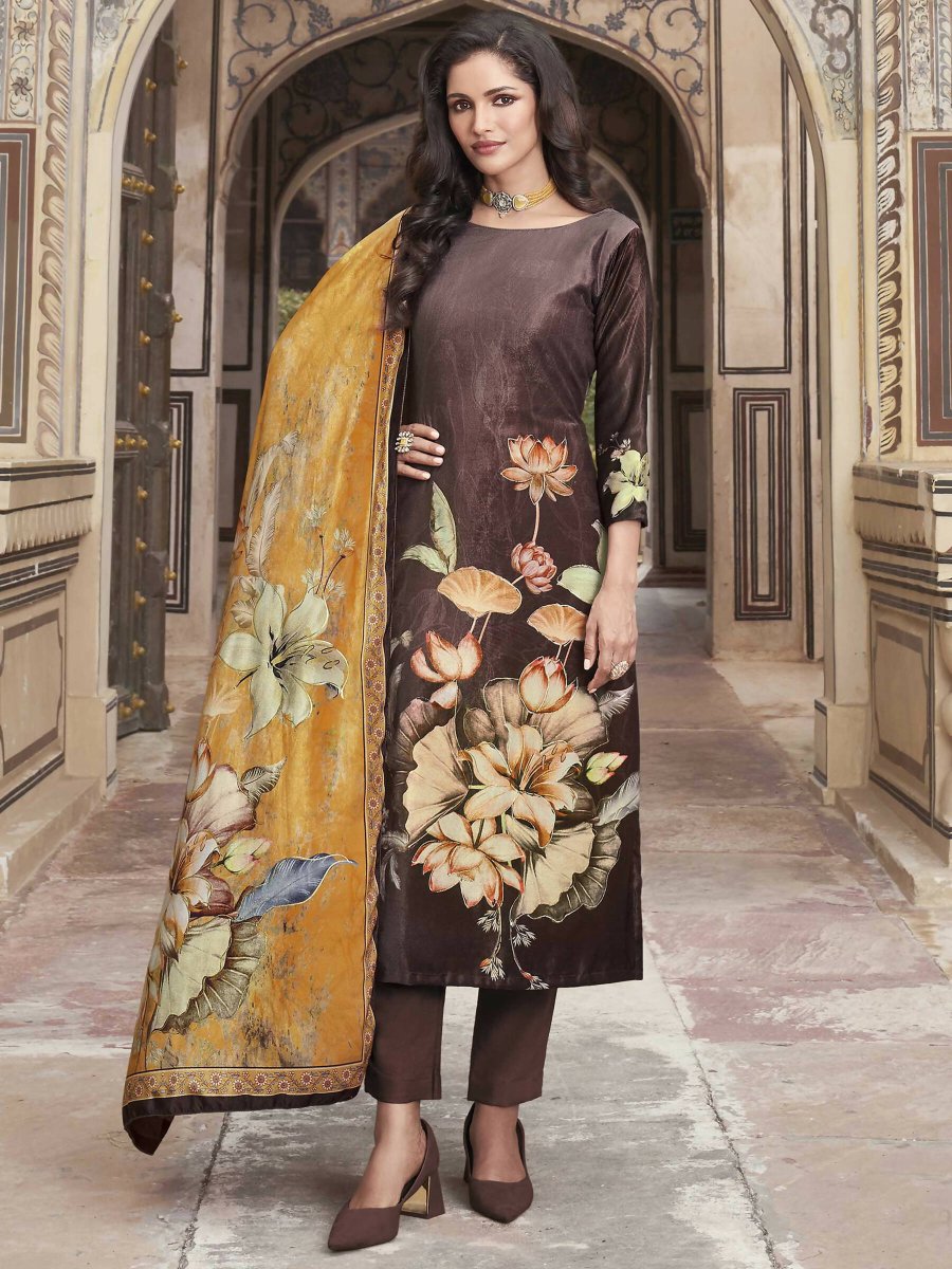 Aastha Fashion Women's Brown Velvet Floral Digital Printed Kurta with Trouser & Dupatta - Distacart