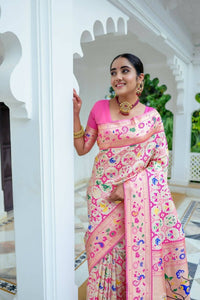 Thumbnail for Aastha Fashion Off White Woven Paithani Silk Saree with Blouse - Distacart