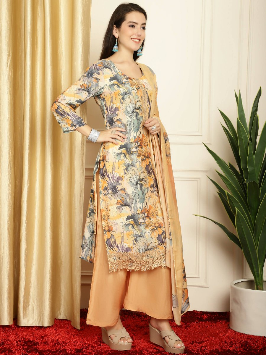 Aastha Fashion Women's Multicolor Muslin Digital Printed with Embroidered Lace work Kurta with Trouser & Dupatta - Distacart