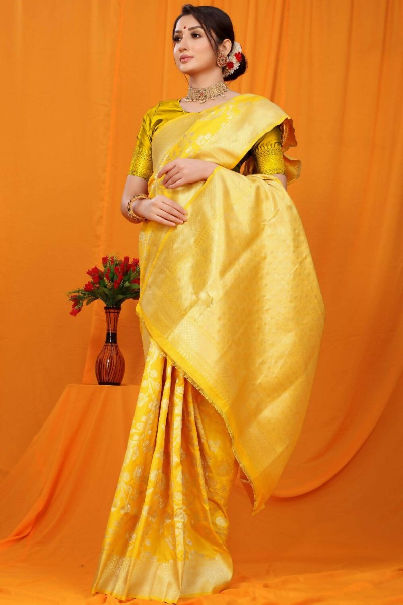 Aastha Fashion Yellow Woven Banarasi Silk Saree with Blouse - Distacart