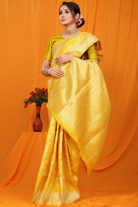 Thumbnail for Aastha Fashion Yellow Woven Banarasi Silk Saree with Blouse - Distacart