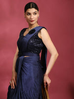 Thumbnail for Blue Imported Crush Lycra Texture Pattern Ready to Wear Saree with stitched Blouse - Nirvana - Distacart