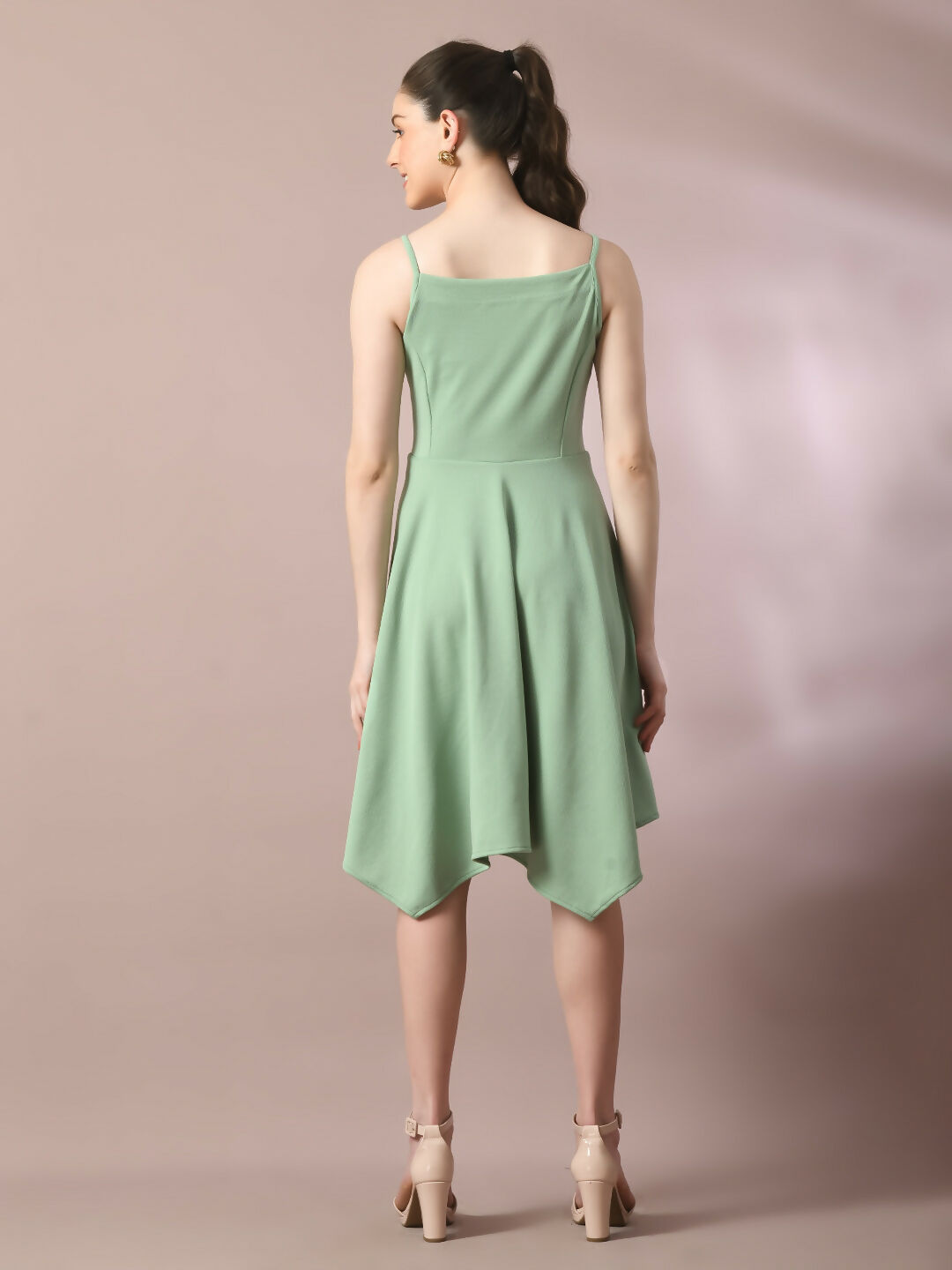 Myshka Women's Sea Green Solid Shoulder Straps Fit and Flare Party Dress - Distacart