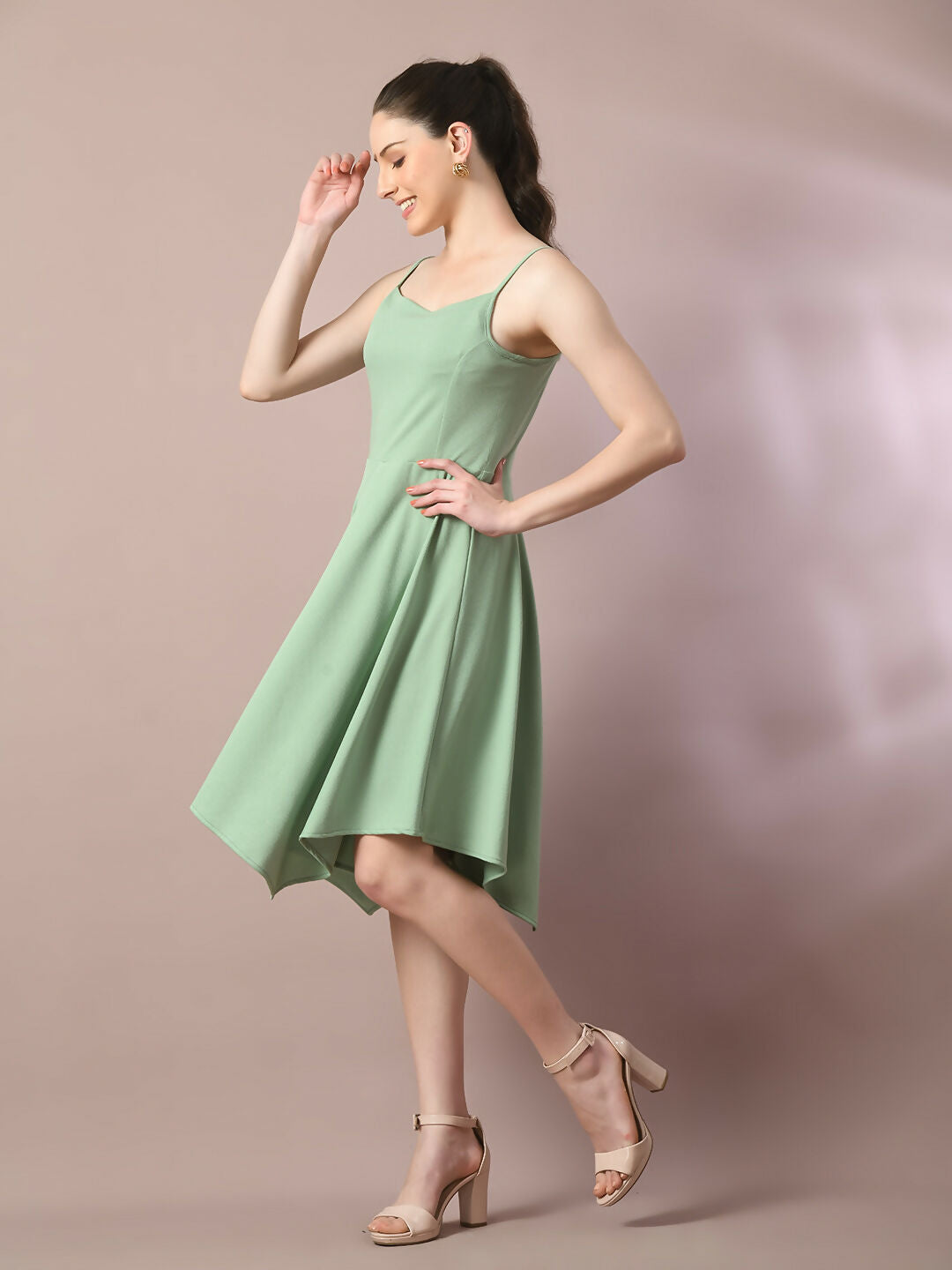 Myshka Women's Sea Green Solid Shoulder Straps Fit and Flare Party Dress - Distacart