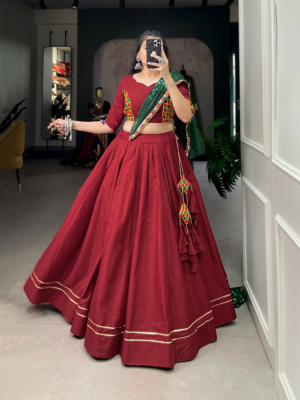 Vastranavya Navaratri Special Pure Cotton Plain With Gotta Patti Touch Up Lehenga Stitched Choli - Maroon - Distacart