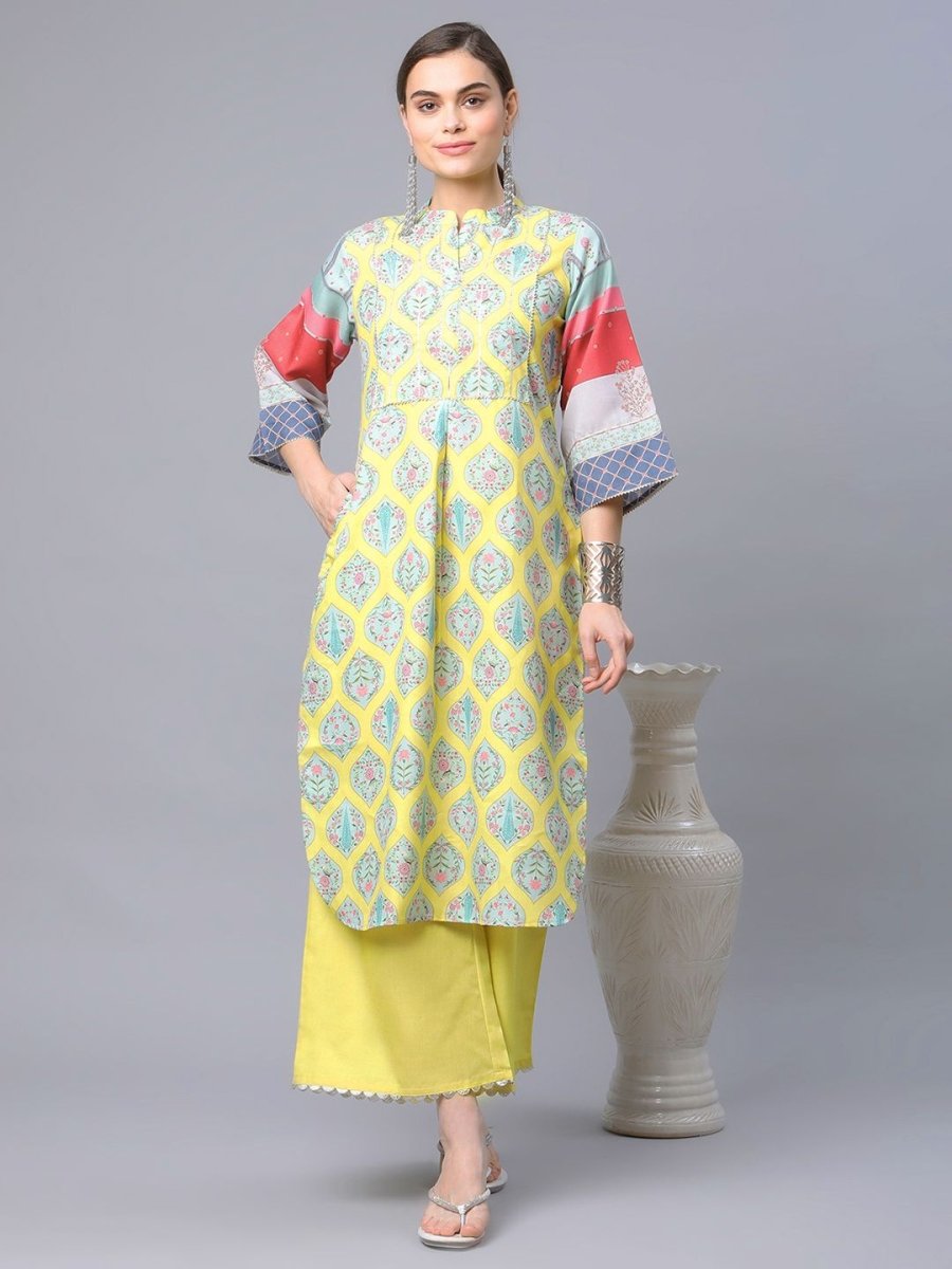 Ahalyaa Women's Yellow Pure Blend Digital Printed Kurta Palazzo Set