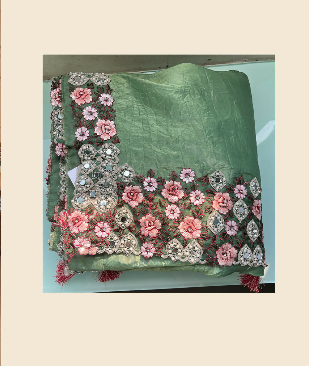 Green Banarasi Crush Silk Thread, Sequence, Cord Embroidered with Stone & Mirror Work Saree - Mohmanthan Dakshika - Distacart