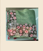 Thumbnail for Green Banarasi Crush Silk Thread, Sequence, Cord Embroidered with Stone & Mirror Work Saree - Mohmanthan Dakshika - Distacart