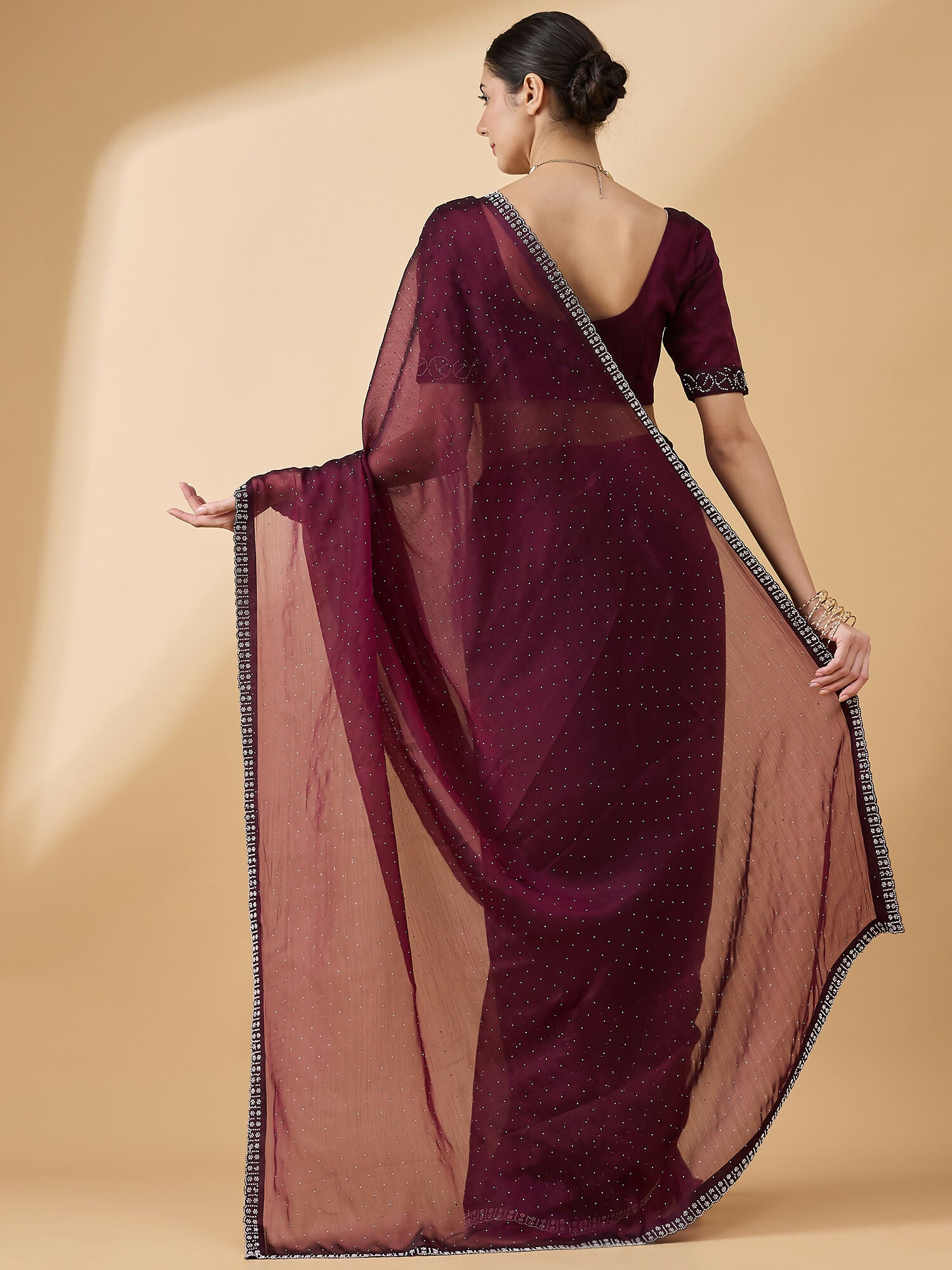 Purple Organza Swaroski Diamond Work Saree with Unstitched Blouse - Radha - Distacart