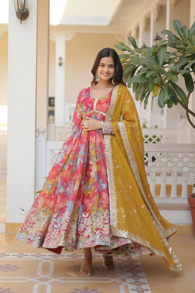 Jyoti Fashion Women's Pink & Yellow Russian Silk Sequins Zari Embroidery Anarkali Dress with Dupatta - Distacart