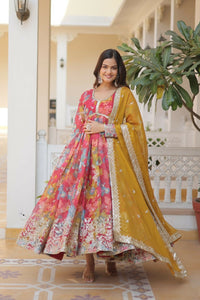 Thumbnail for Jyoti Fashion Women's Pink & Yellow Russian Silk Sequins Zari Embroidery Anarkali Dress with Dupatta - Distacart