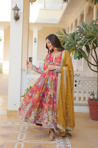 Thumbnail for Jyoti Fashion Women's Pink & Yellow Russian Silk Sequins Zari Embroidery Anarkali Dress with Dupatta - Distacart