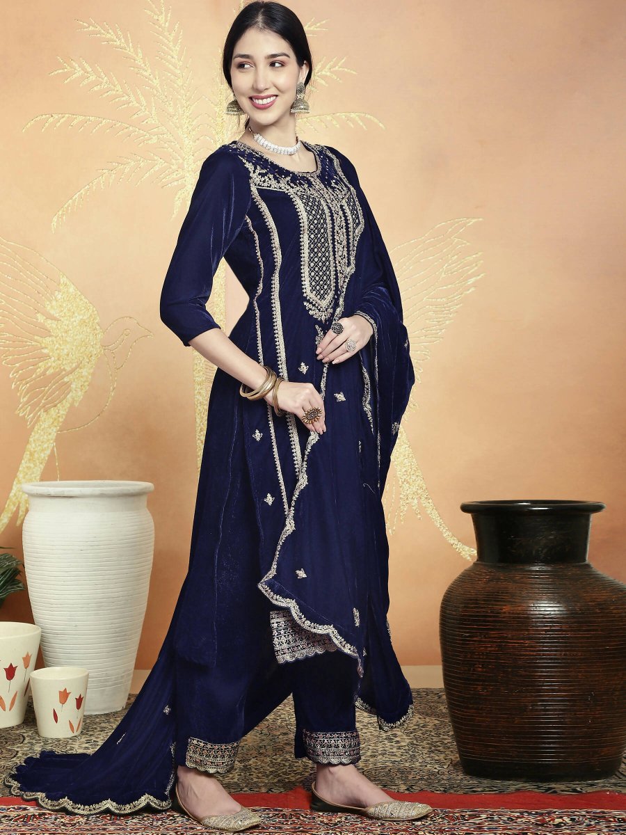 Aastha Fashion Women's Navy Blue Velvet Cording with Resham Thread & Sequin Kurta with Trouser & Dupatta - Distacart