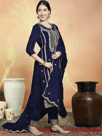 Thumbnail for Aastha Fashion Women's Navy Blue Velvet Cording with Resham Thread & Sequin Kurta with Trouser & Dupatta - Distacart