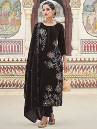 Thumbnail for Aastha Fashion Women's Brown Velvet Resham Thread with Jari & Sequin Kurta with Trouser & Dupatta - Distacart