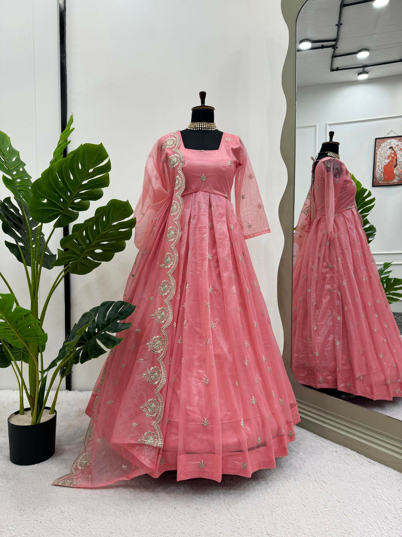 Preksha Creation Women Gown Silk Organza With Thread Sequin With Dupatta And Pant