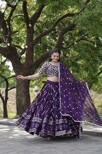 Thumbnail for Vastranavya Faux Blooming With Sequins And Thread Embroidered Work Lehenga Choli With Dupatta - Purple - Distacart