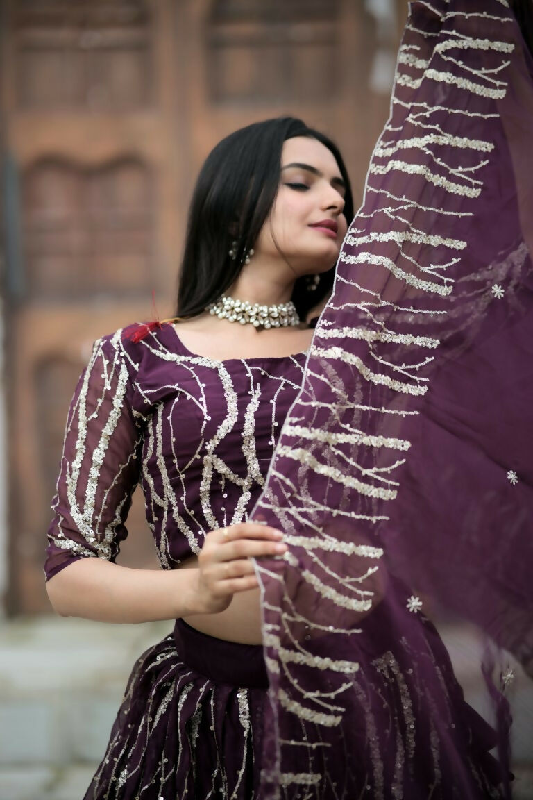 Vastranavya Enchanting Designer Tebby-Silk Lehenga Choli With Dupatta Set - Wine - Distacart