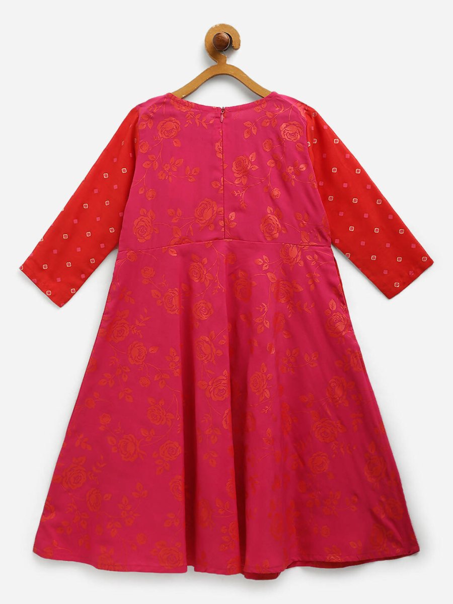 Ahalyaa Dark Pink Crepe Khari Print kids Dress Attached Jacket For Girls - Distacart