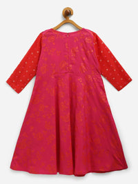 Thumbnail for Ahalyaa Dark Pink Crepe Khari Print kids Dress Attached Jacket For Girls - Distacart