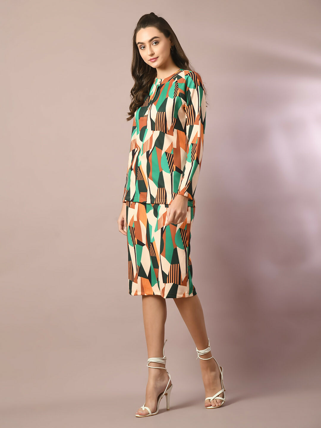 Myshka Women's Multi Printed Round Neck Party Top With Skirt Co-ord set - Distacart