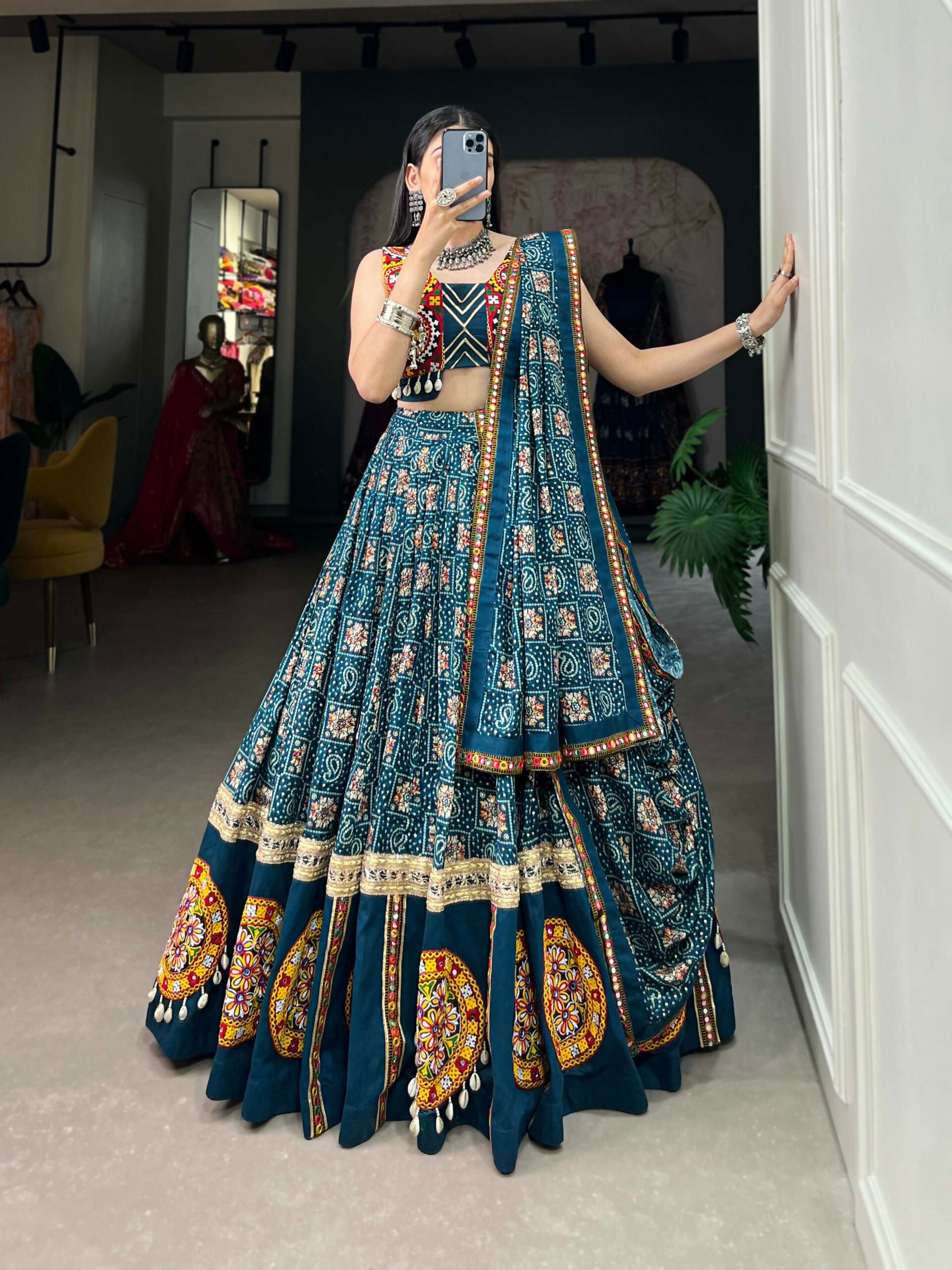 Vastranavya Navaratri Special Pure Rayon Printed With Foil Work And Gamthi Patch Work With Lace Touch Up Lehenga with Stitched Blouse - Teal - Distacart